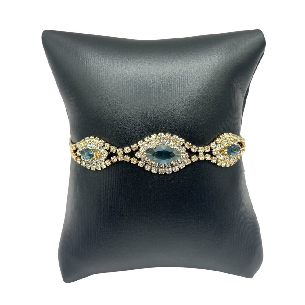 Rhinestone Bracelet Silver Tone Glass Faux Sapphire Blue & Clear Gold Tone Chain
